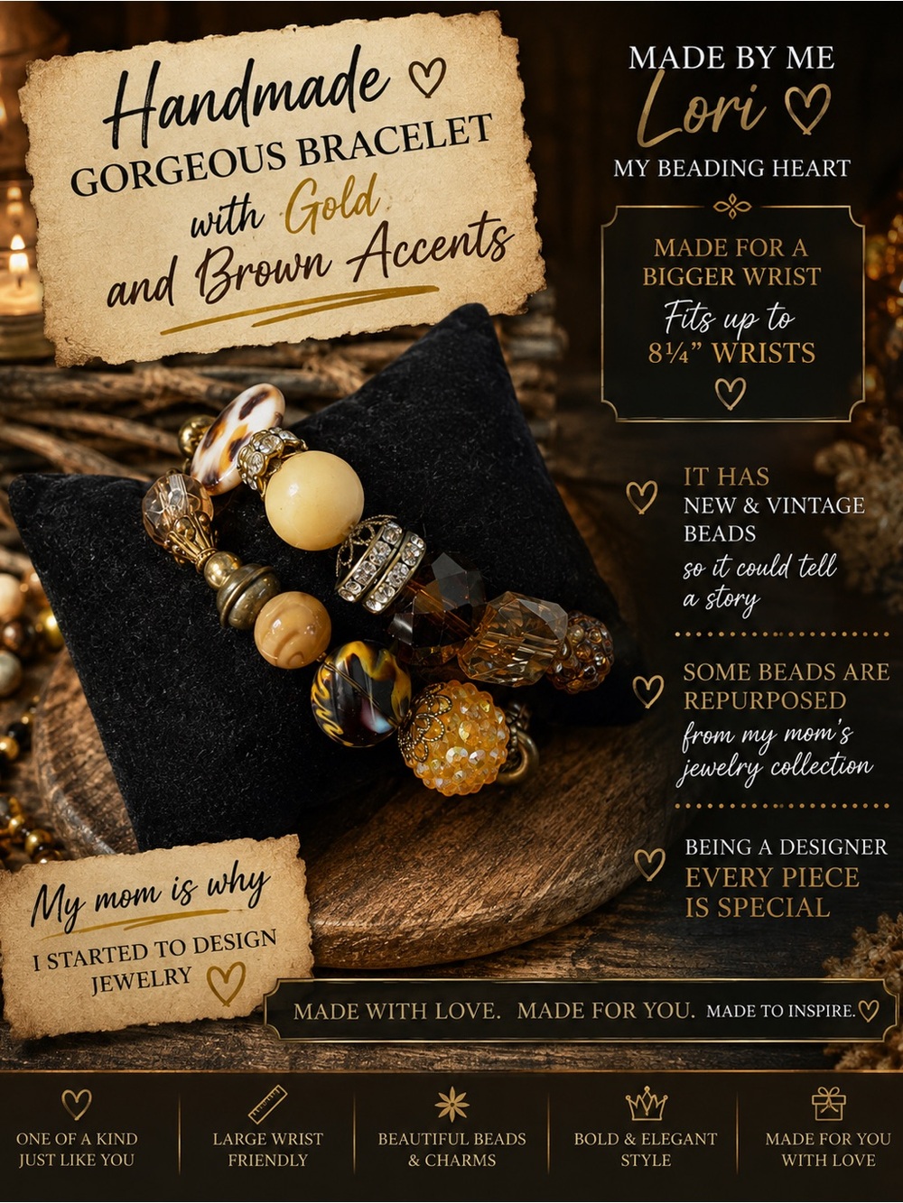 Handmade Gorgeous Bracelet with Gold and Brown Accents, Made For 81/4” Wrists